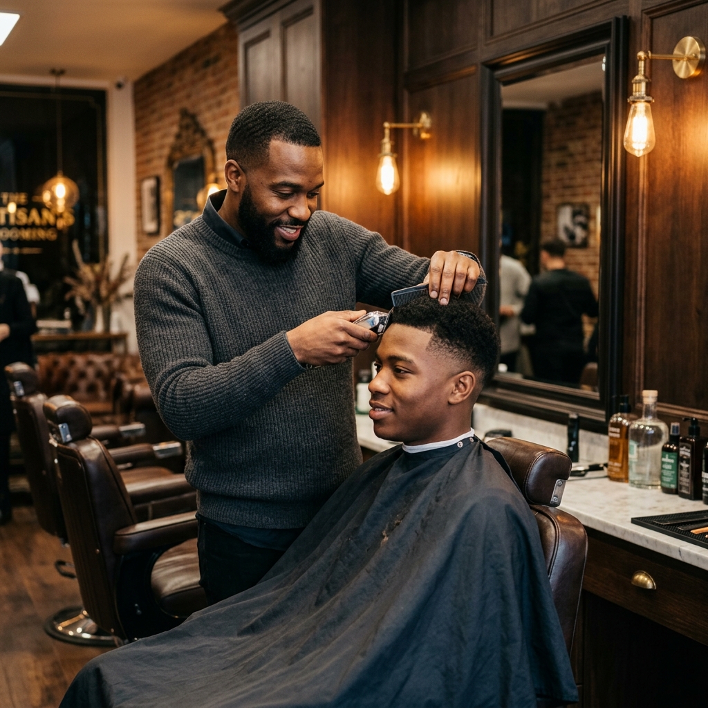 Edgy barber cutting hair